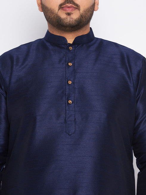 Jashvi Men's Plus Size Navy Blue Silk Blend Kurta and Cream Pyjama Set